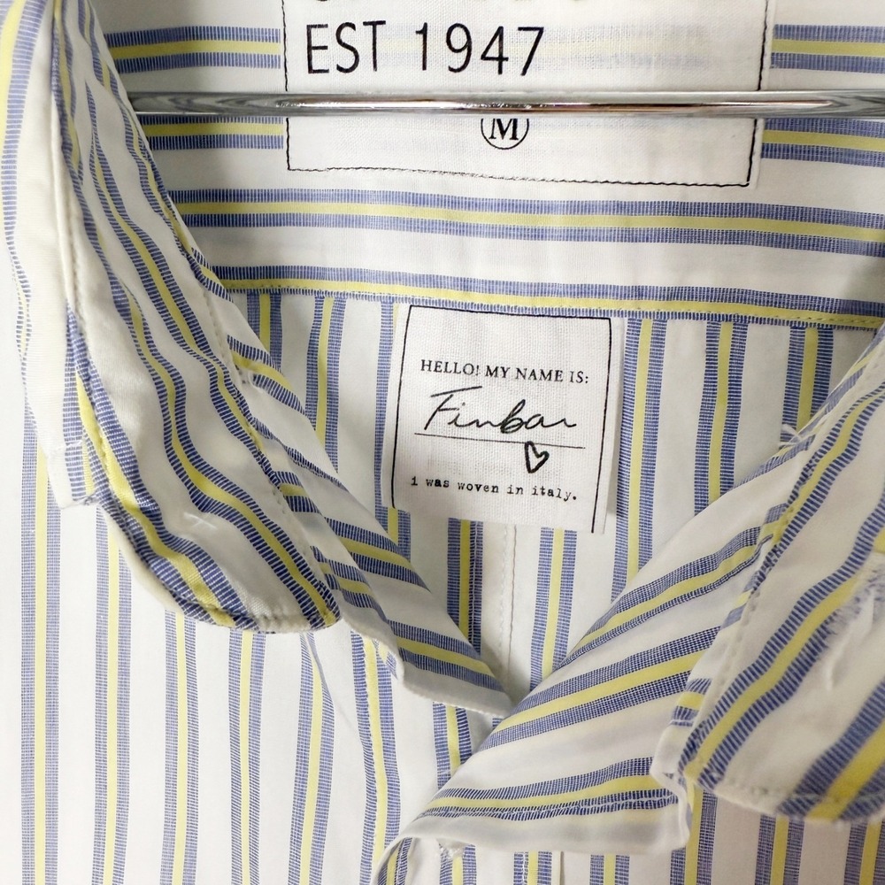 Frank & Eileen Finbar Blue/Yellow/White Striped Cotton Button Down Shirt Medium - Picture 5 of 7